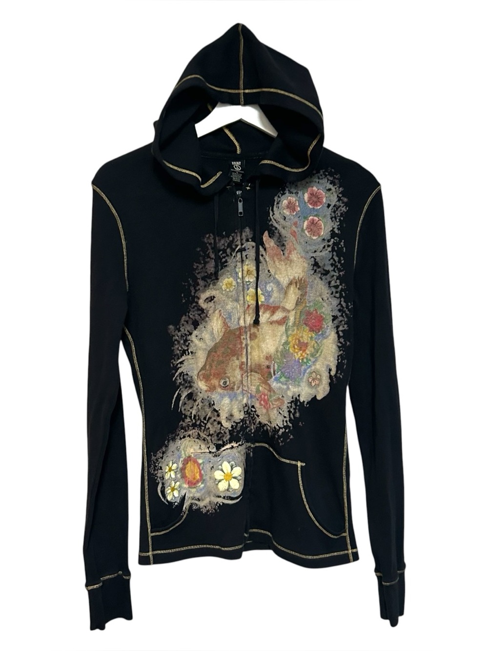 lucky‎ Brand L zip hoodie koi fish graphic embroidery detail floral indie Y2K